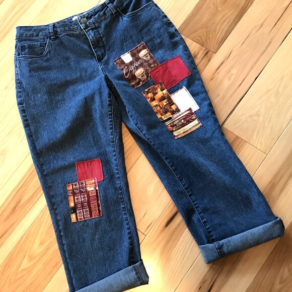Upcycled Coldwater Creek Cropped Jeans, Coffee Books Theme Capris, Size 10 - Picture 3 of 10
